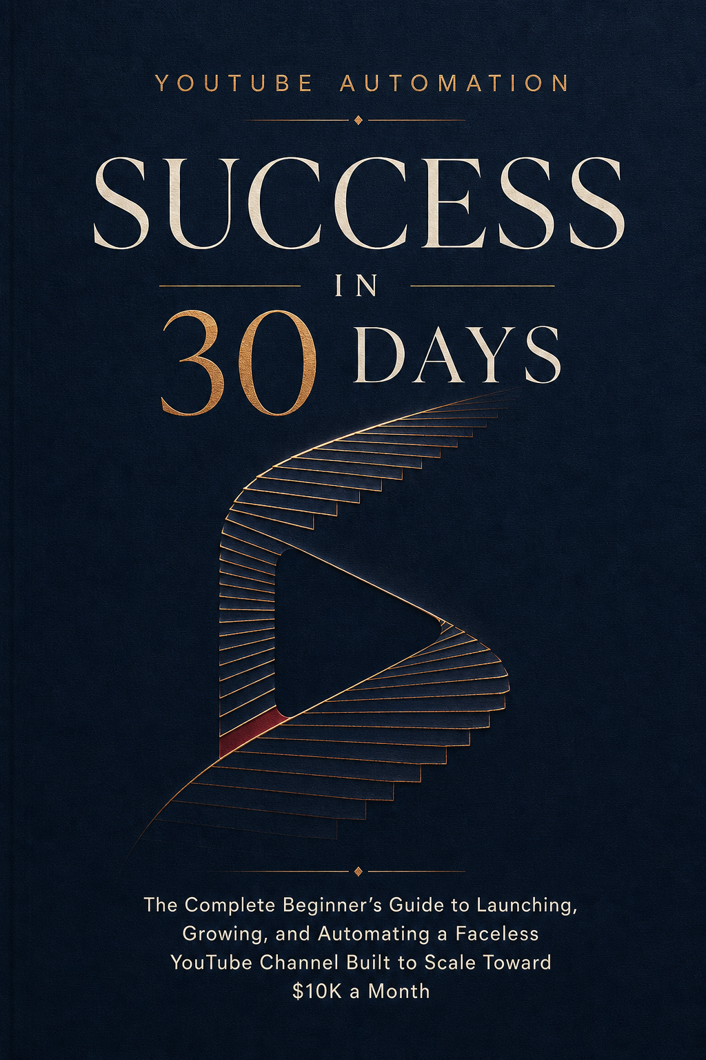 Front cover of the ebook YouTube Automation Success in 30 Days: a deep navy hardcover with a metallic gold serif title, a gold play-button mark, and a rising gold staircase illustration.